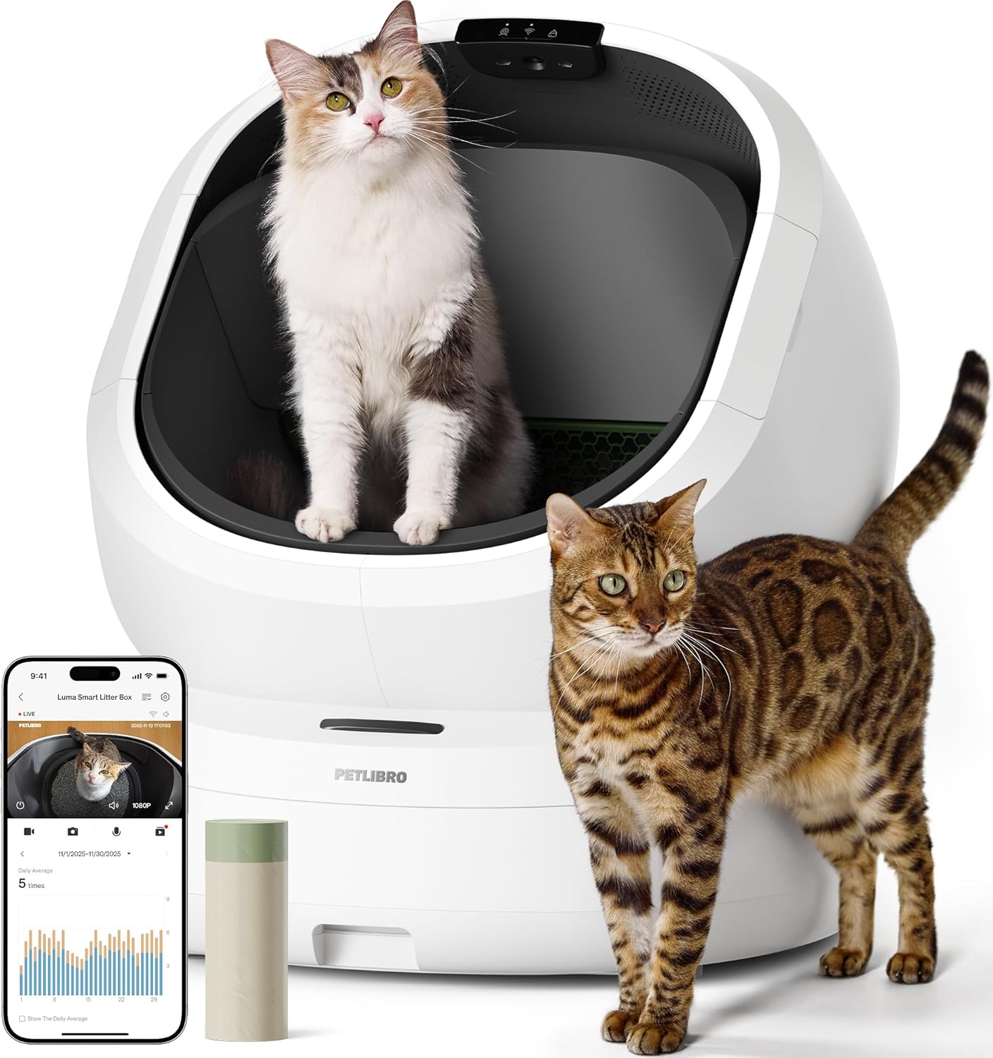PETLIBRO Automatic Litter Box Bundle with Accessories Kit, Open Top Self Cleaning Litter Box with AI-Camera Waste Analysis, Multi-Cat Recognition, Usage Tracking, Auto Odor Control & Safety Sensors