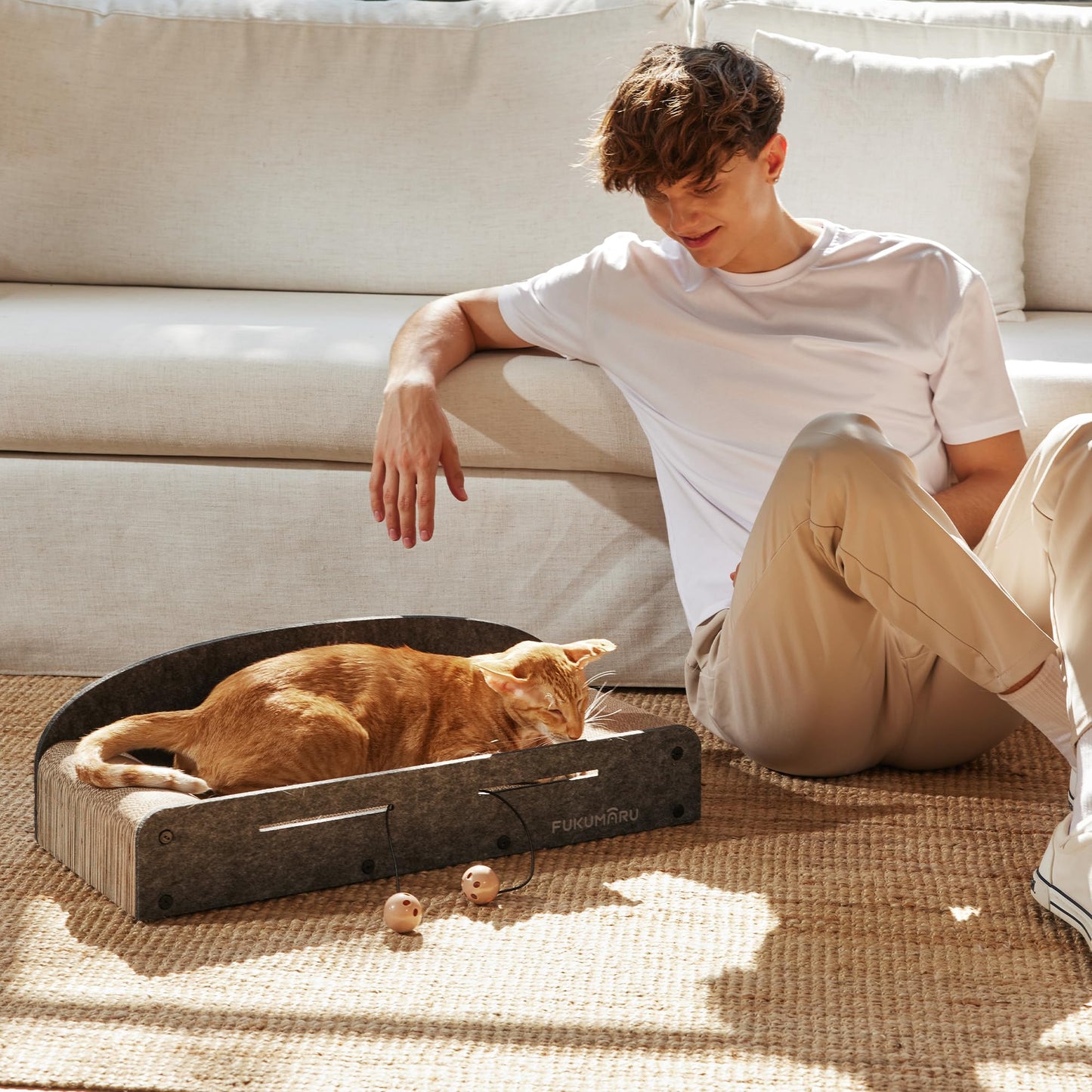 FUKUMARU 26 Inch Cat Scratcher Bed, 2 Reversible Cardboard Cat Scratch Pads Refill for Indoor Cats, Durable Large Cats Scratching Bed Sofa Couch Lounger with Fun Toys, Furniture Protector, Caramel