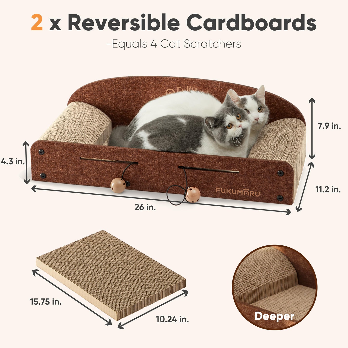 FUKUMARU 26 Inch Cat Scratcher Bed, 2 Reversible Cardboard Cat Scratch Pads Refill for Indoor Cats, Durable Large Cats Scratching Bed Sofa Couch Lounger with Fun Toys, Furniture Protector, Caramel