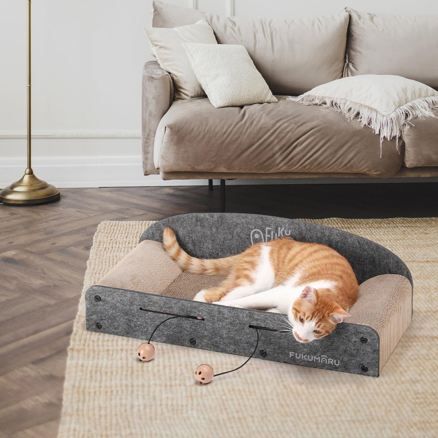 FUKUMARU 26 Inch Cat Scratcher Bed, 2 Reversible Cardboard Cat Scratch Pads Refill for Indoor Cats, Durable Large Cats Scratching Bed Sofa Couch Lounger with Fun Toys, Furniture Protector, Caramel