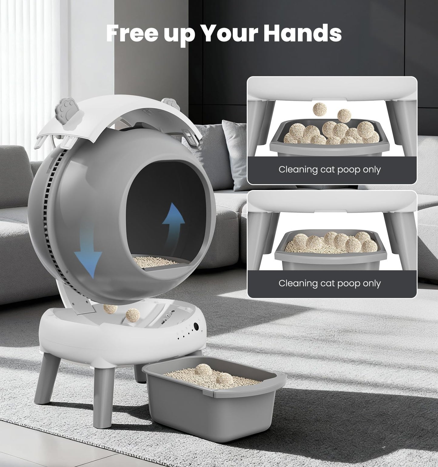 Self Cleaning Litter Box for Multiple Cats, Automatic Litter Box with APP Real-Time Monitor, Dual Safety Protection, Odor-Free Waste Disposal Includes Trash Bags, Gray