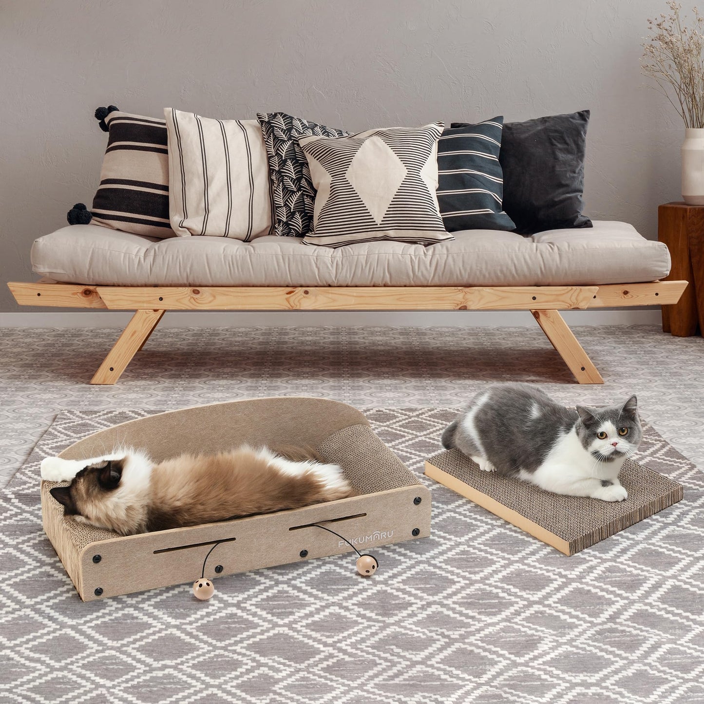 FUKUMARU 26 Inch Cat Scratcher Bed, 2 Reversible Cardboard Cat Scratch Pads Refill for Indoor Cats, Durable Large Cats Scratching Bed Sofa Couch Lounger with Fun Toys, Furniture Protector, Caramel