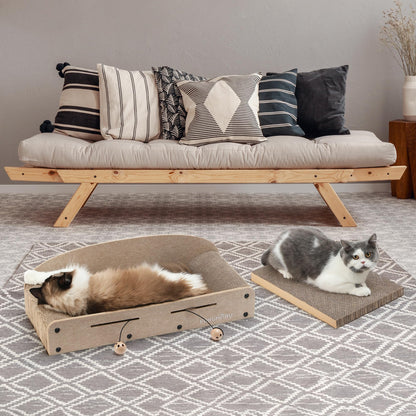 FUKUMARU 26 Inch Cat Scratcher Bed, 2 Reversible Cardboard Cat Scratch Pads Refill for Indoor Cats, Durable Large Cats Scratching Bed Sofa Couch Lounger with Fun Toys, Furniture Protector, Caramel