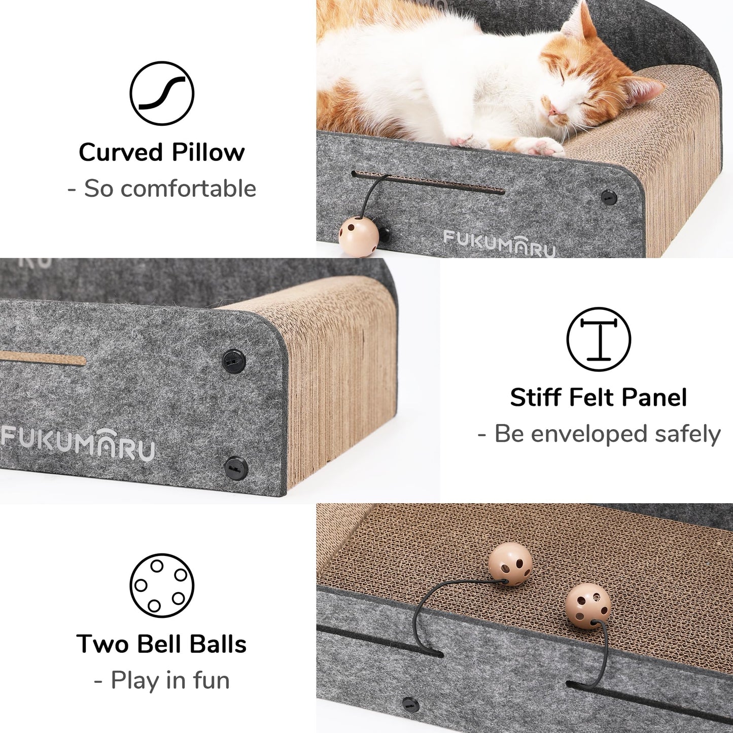 FUKUMARU 26 Inch Cat Scratcher Bed, 2 Reversible Cardboard Cat Scratch Pads Refill for Indoor Cats, Durable Large Cats Scratching Bed Sofa Couch Lounger with Fun Toys, Furniture Protector, Caramel