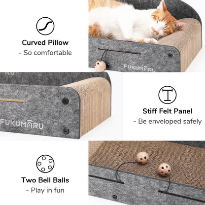 FUKUMARU 26 Inch Cat Scratcher Bed, 2 Reversible Cardboard Cat Scratch Pads Refill for Indoor Cats, Durable Large Cats Scratching Bed Sofa Couch Lounger with Fun Toys, Furniture Protector, Caramel