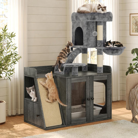 Litter Box Enclosure with Cat Tree, 4 Tiers Wooden Cat House with LED Light,Sisal Scratching Board and Storage Space, Modular Litter Box Furniture with Condo and Hammock and Perch (Black)