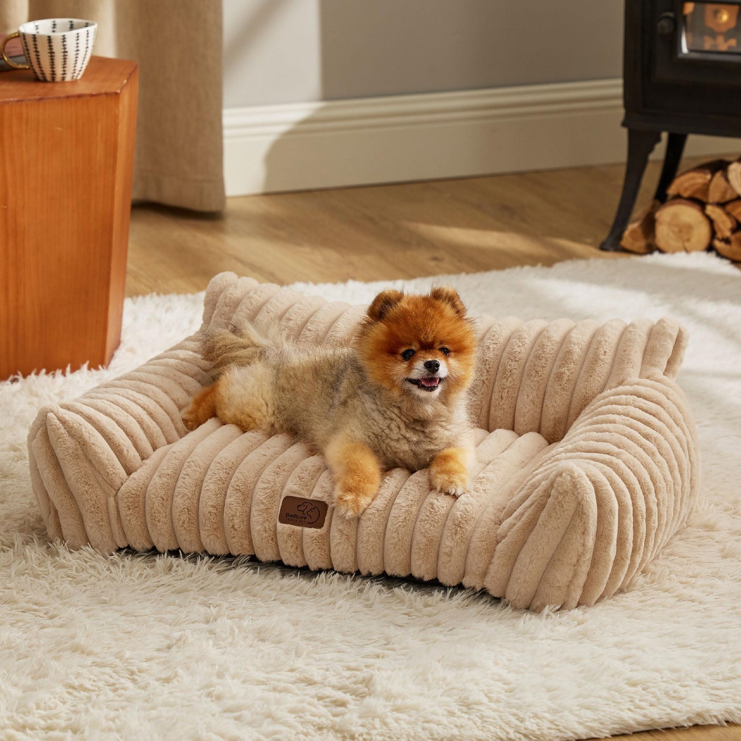 Bedsure ComfyFleece™ Cute Cat Couch for Pets - As Seen on TV on Good Day New York, Fluffy Cats beds for Indoor Cats with Removable Washable Cover, Supportive Pet Sofa, 24inch, Cream