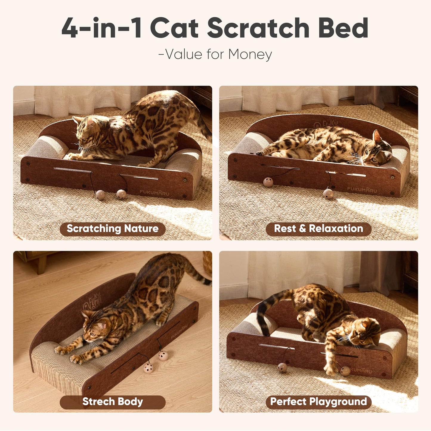 FUKUMARU 26 Inch Cat Scratcher Bed, 2 Reversible Cardboard Cat Scratch Pads Refill for Indoor Cats, Durable Large Cats Scratching Bed Sofa Couch Lounger with Fun Toys, Furniture Protector, Caramel