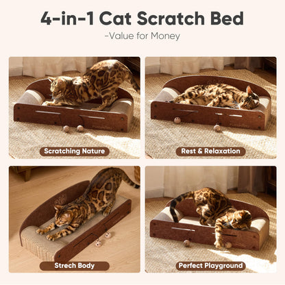 FUKUMARU 26 Inch Cat Scratcher Bed, 2 Reversible Cardboard Cat Scratch Pads Refill for Indoor Cats, Durable Large Cats Scratching Bed Sofa Couch Lounger with Fun Toys, Furniture Protector, Caramel