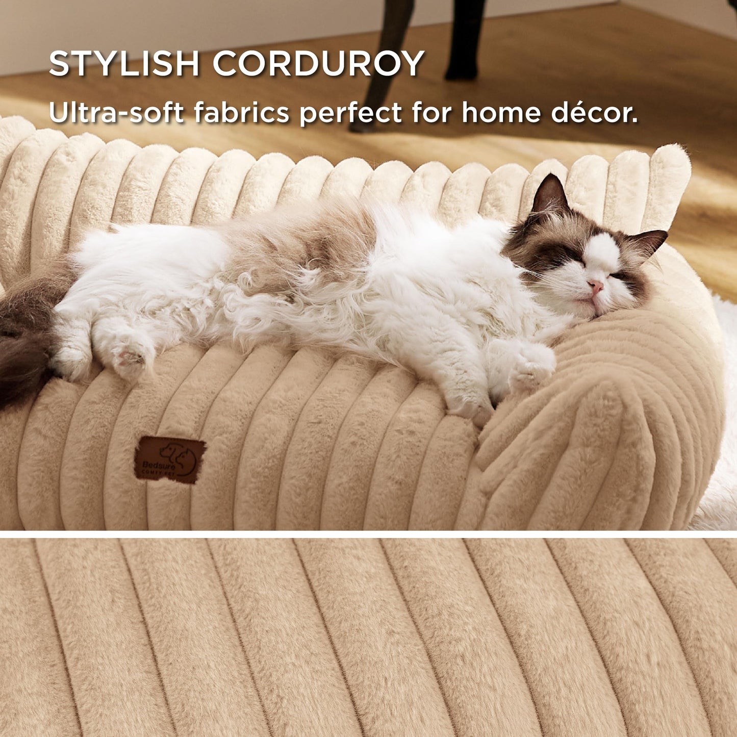 Bedsure ComfyFleece™ Cute Cat Couch for Pets - As Seen on TV on Good Day New York, Fluffy Cats beds for Indoor Cats with Removable Washable Cover, Supportive Pet Sofa, 24inch, Cream