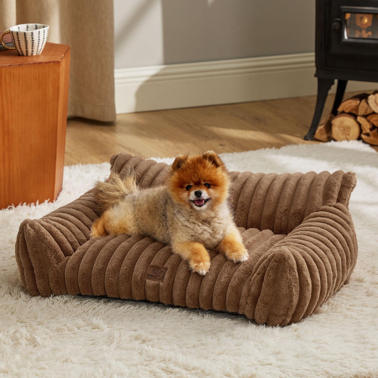 Bedsure ComfyFleece™ Cute Cat Couch for Pets - As Seen on TV on Good Day New York, Fluffy Cats beds for Indoor Cats with Removable Washable Cover, Supportive Pet Sofa, 24inch, Cream
