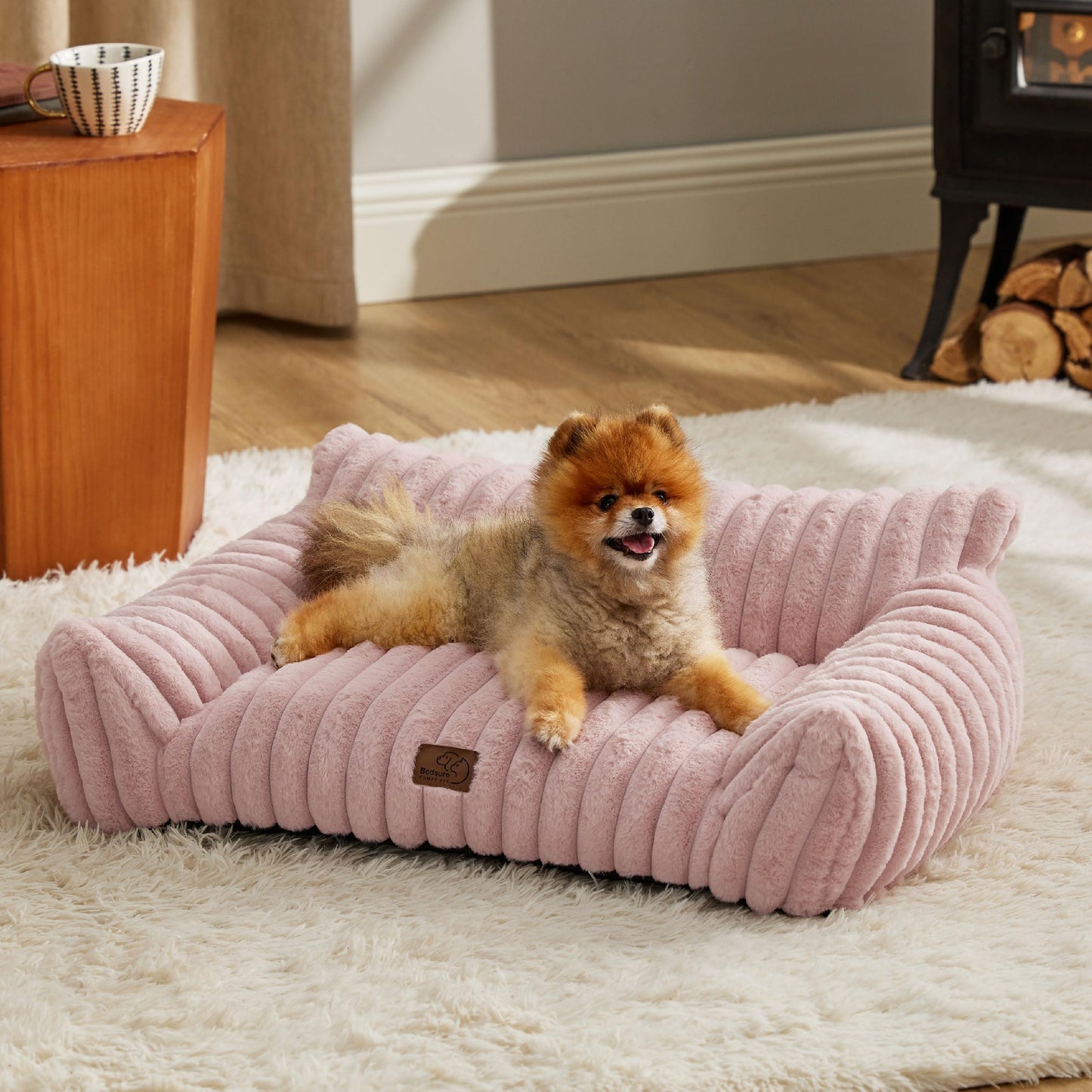 Bedsure ComfyFleece™ Cute Cat Couch for Pets - As Seen on TV on Good Day New York, Fluffy Cats beds for Indoor Cats with Removable Washable Cover, Supportive Pet Sofa, 24inch, Cream