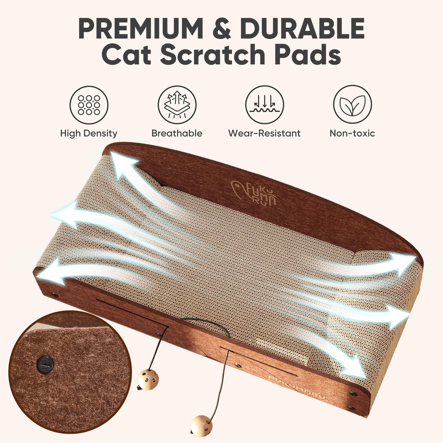 FUKUMARU 26 Inch Cat Scratcher Bed, 2 Reversible Cardboard Cat Scratch Pads Refill for Indoor Cats, Durable Large Cats Scratching Bed Sofa Couch Lounger with Fun Toys, Furniture Protector, Caramel