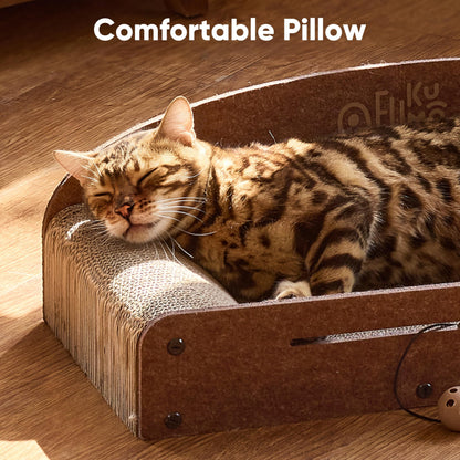 FUKUMARU 26 Inch Cat Scratcher Bed, 2 Reversible Cardboard Cat Scratch Pads Refill for Indoor Cats, Durable Large Cats Scratching Bed Sofa Couch Lounger with Fun Toys, Furniture Protector, Caramel