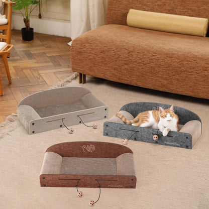 FUKUMARU 26 Inch Cat Scratcher Bed, 2 Reversible Cardboard Cat Scratch Pads Refill for Indoor Cats, Durable Large Cats Scratching Bed Sofa Couch Lounger with Fun Toys, Furniture Protector, Caramel
